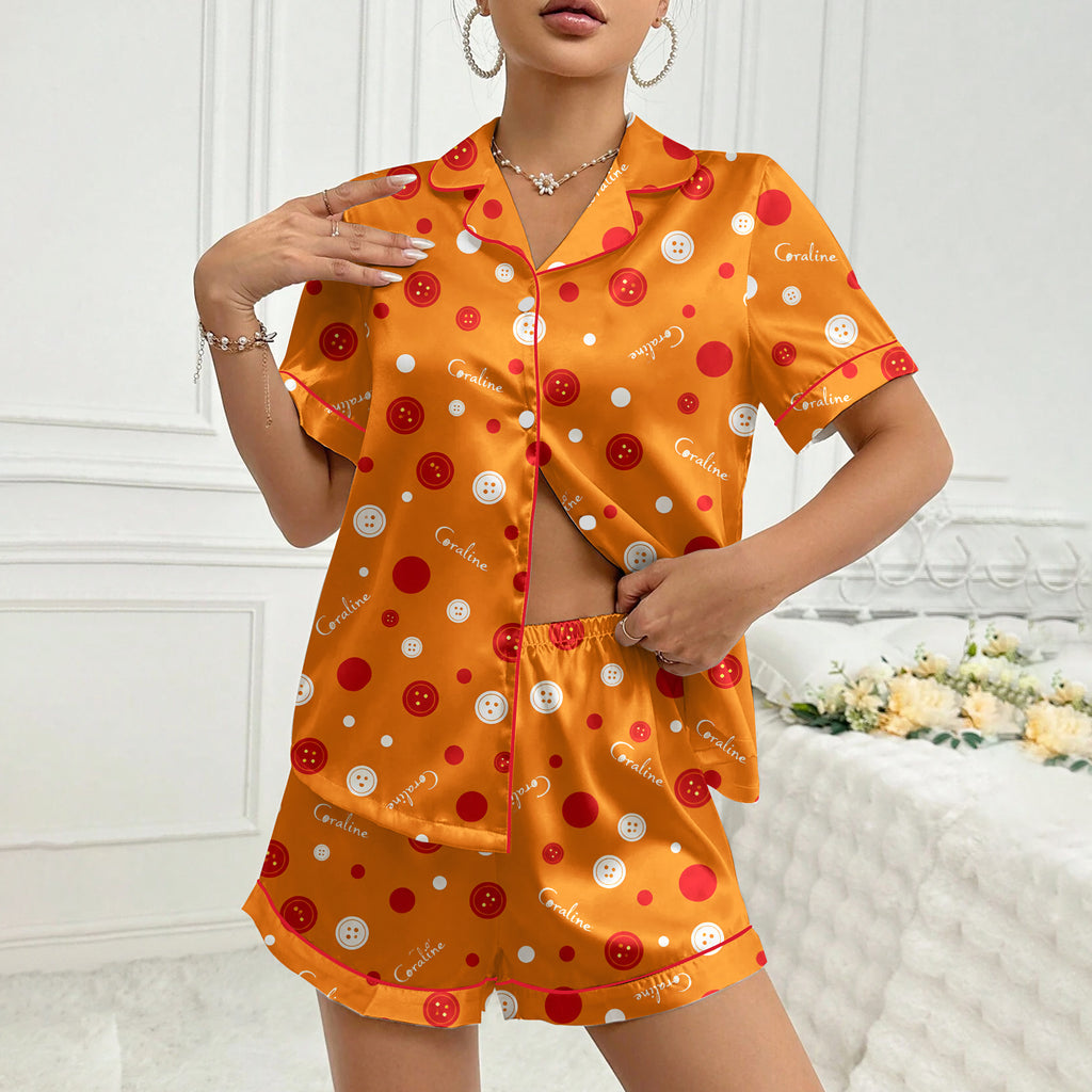 Coraline Button and Polka Dot Print Short Sleeve Pajama Set