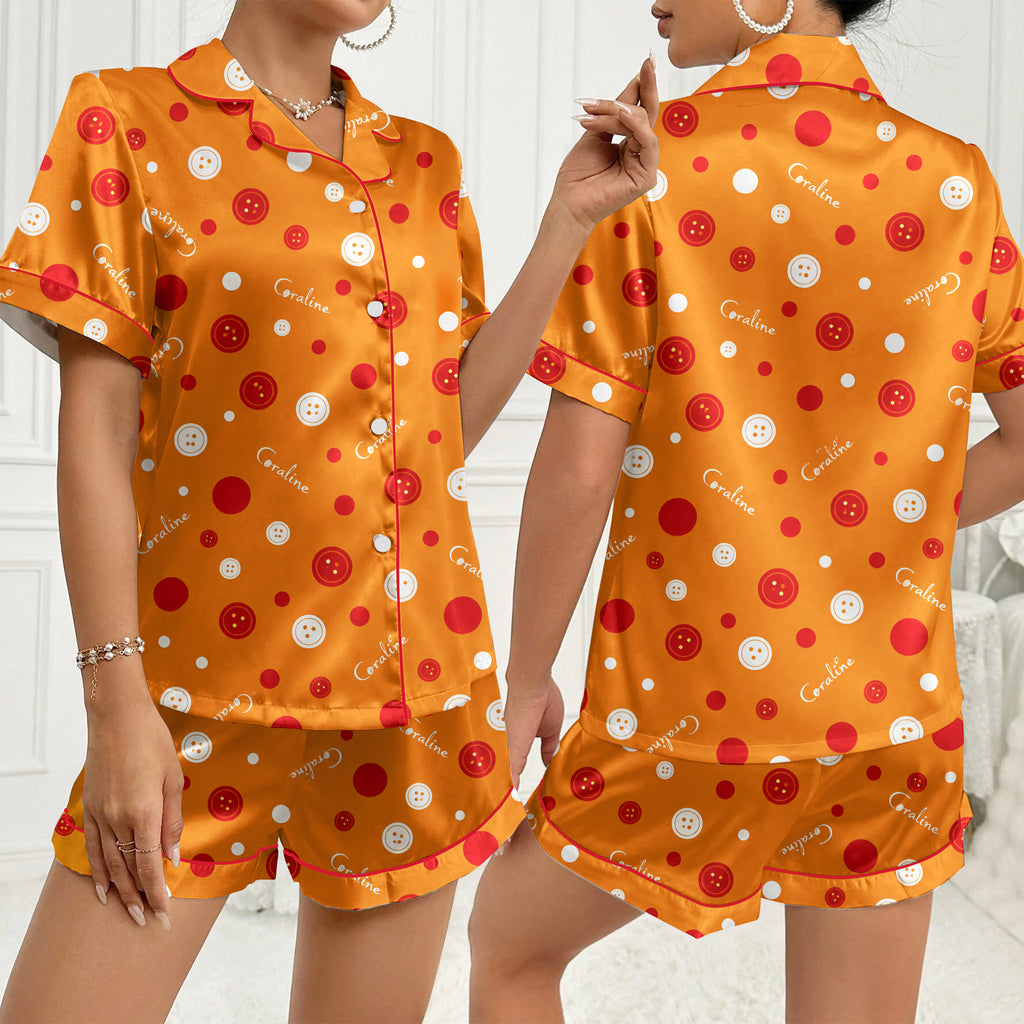 Coraline Button and Polka Dot Print Short Sleeve Pajama Set