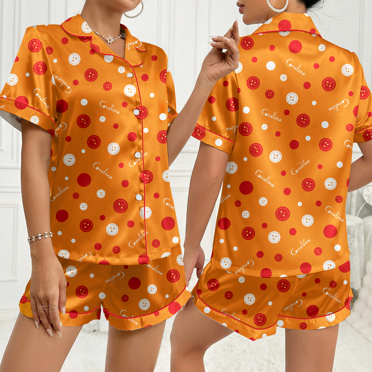 Coraline Button and Polka Dot Print Short Sleeve Pajama Set