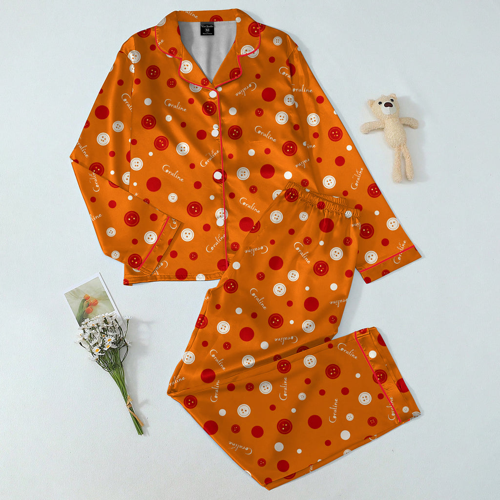 Coraline Button and Polka Dot Print Long Sleeve Pajama Set