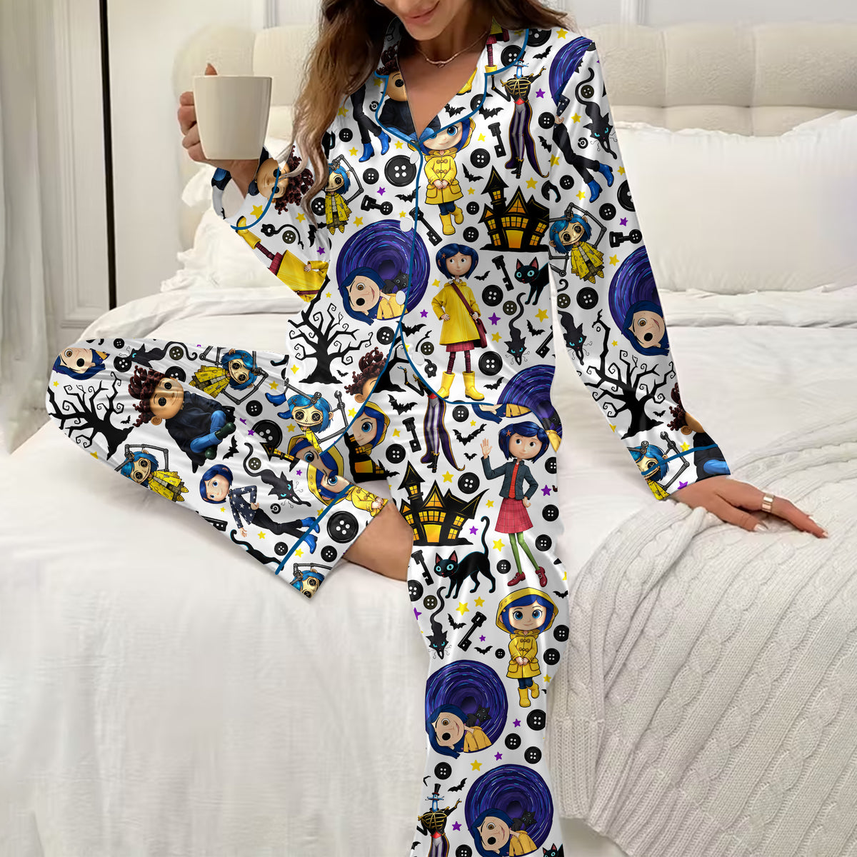 Coraline Character and Button Print Long Sleeve Pajama Set