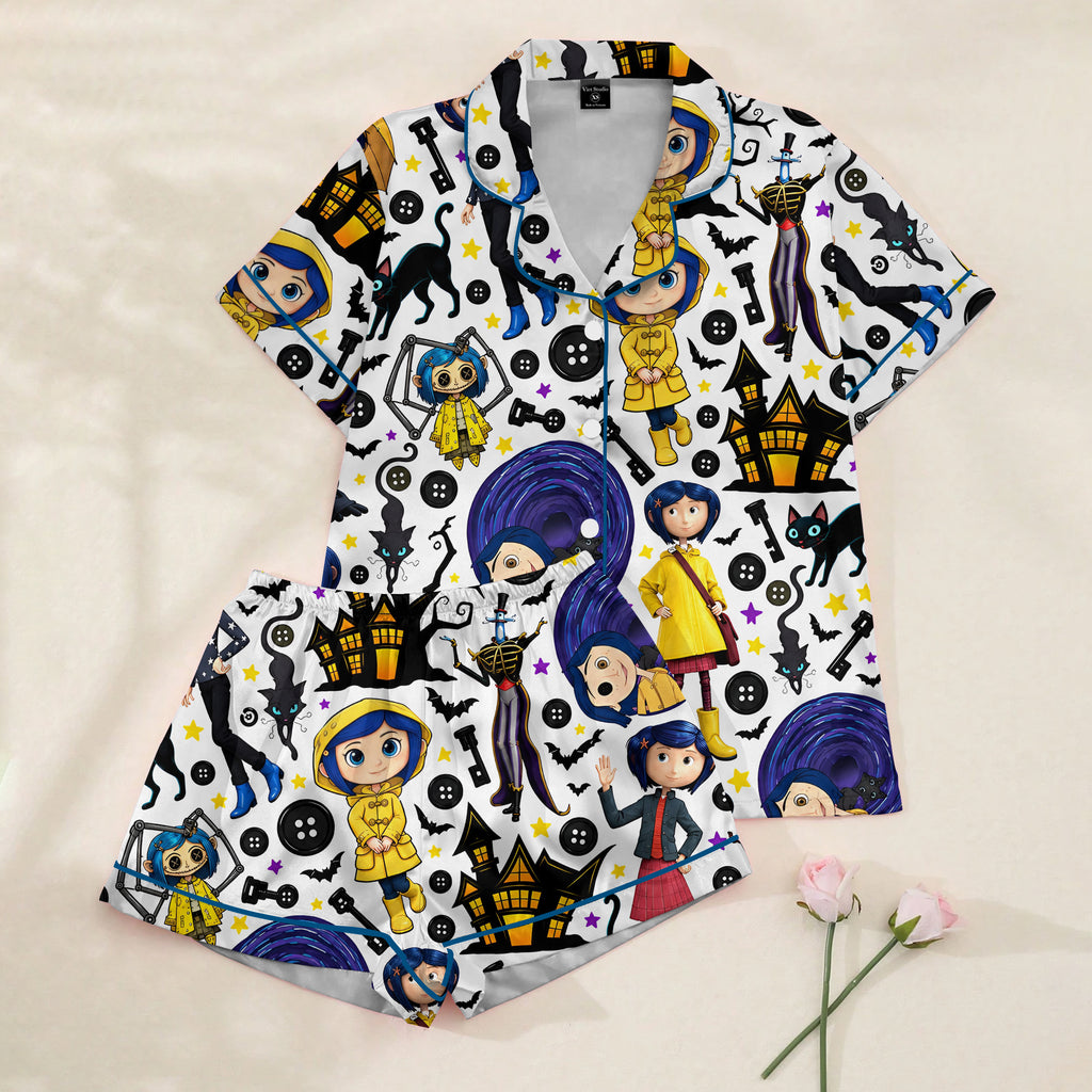 Coraline Character and Button Print Short Sleeve Pajama Set