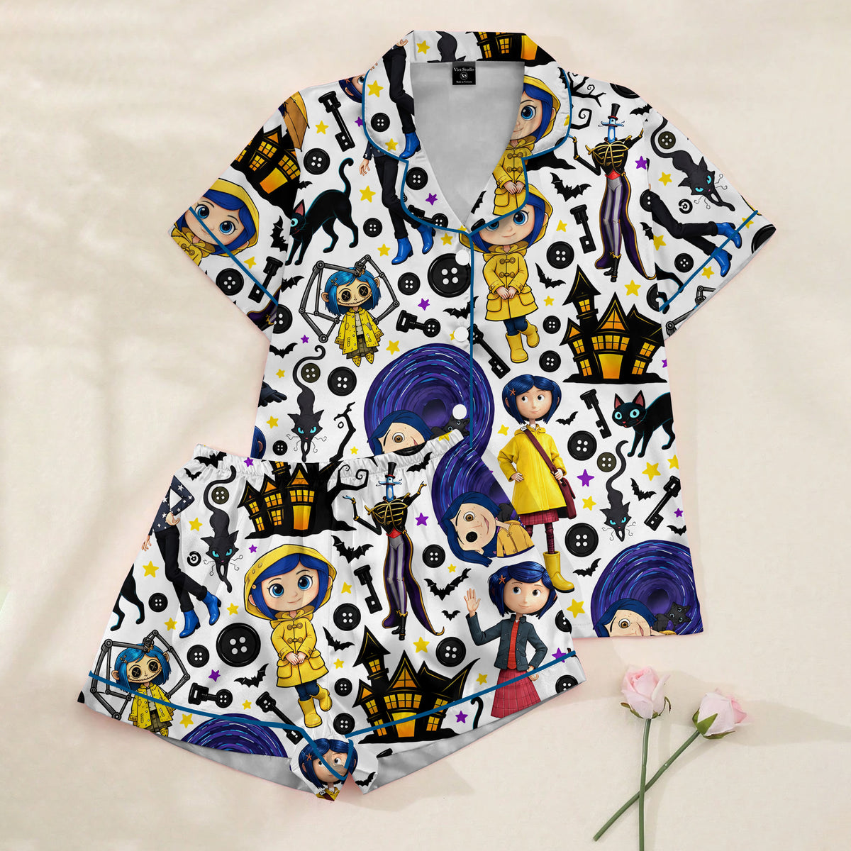 Coraline Character and Button Print Short Sleeve Pajama Set