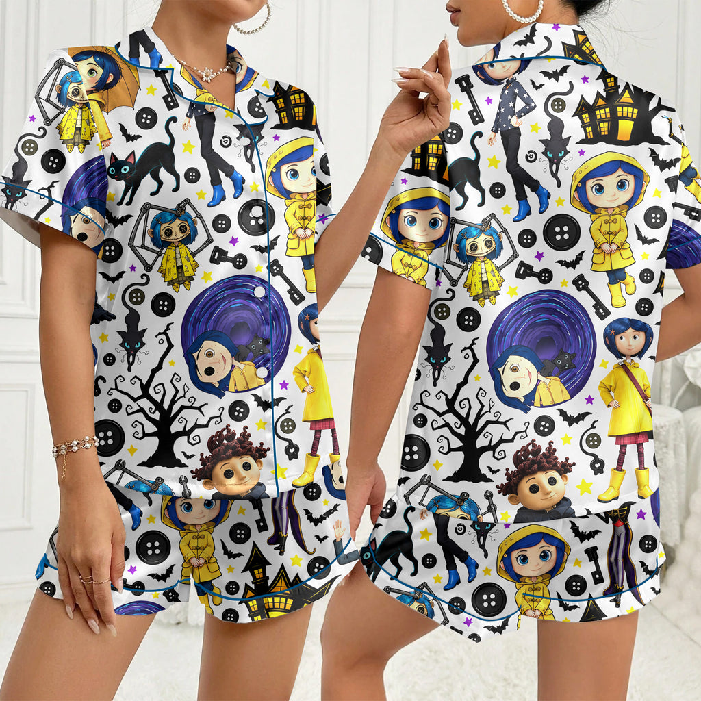 Coraline Character and Button Print Short Sleeve Pajama Set