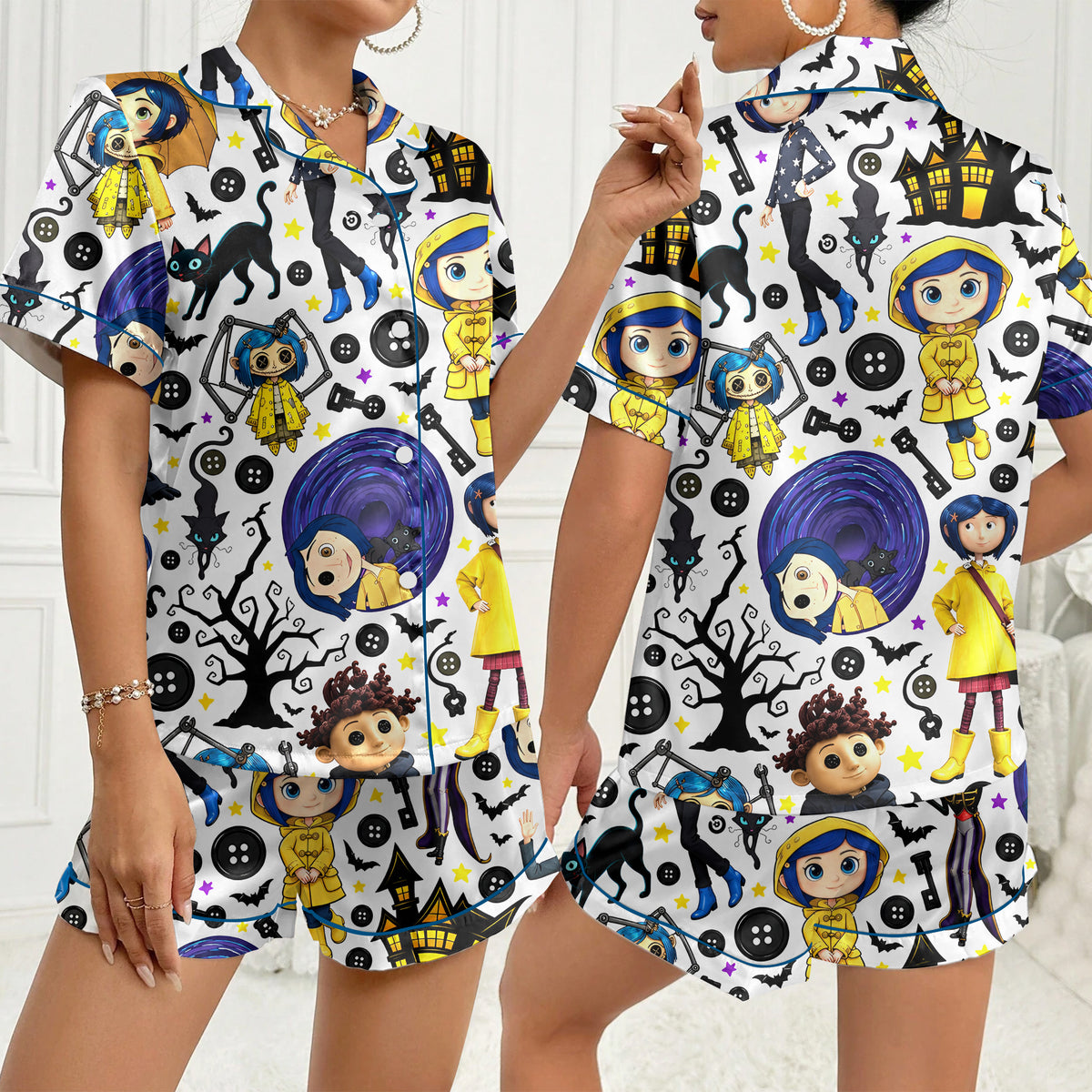 Coraline Character and Button Print Short Sleeve Pajama Set