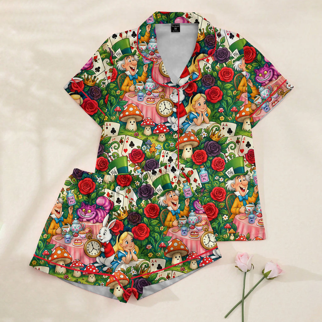 Alice in Wonderland Tea Party and Rose Print Short Sleeve Pajama Set