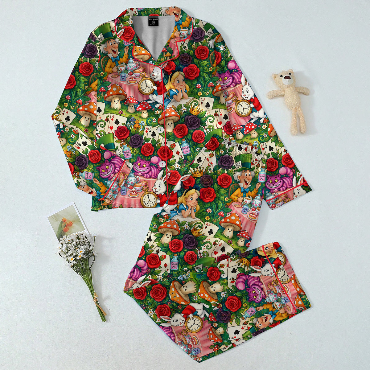 Alice in Wonderland Tea Party and Rose Print Long Sleeve Pajama Set