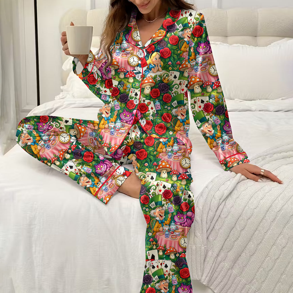 Alice in Wonderland Tea Party and Rose Print Long Sleeve Pajama Set