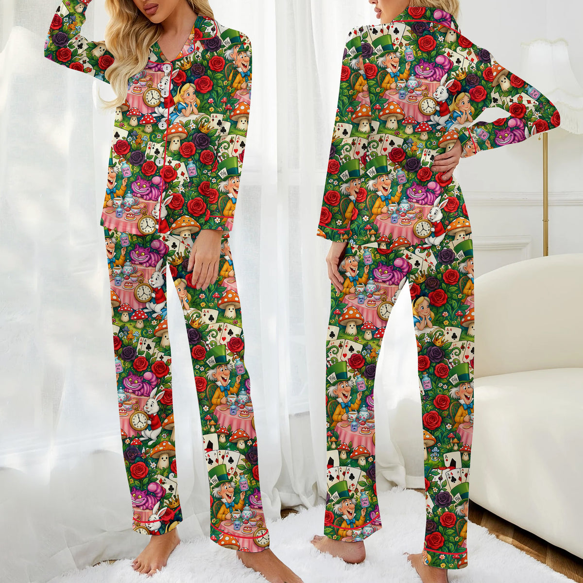 Alice in Wonderland Tea Party and Rose Print Long Sleeve Pajama Set