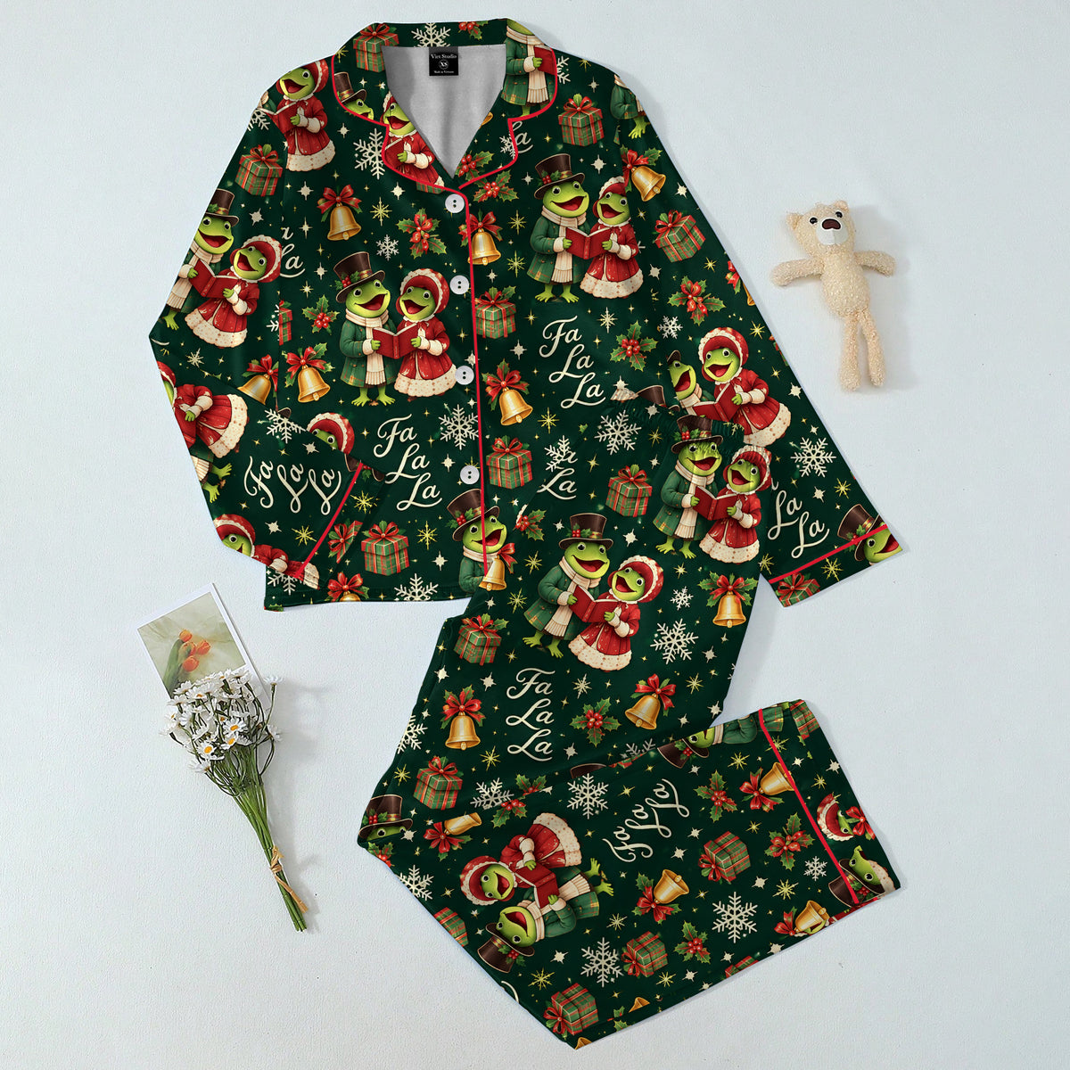 Christmas Caroling Frogs and Bells Print Long Sleeve Pajama Set