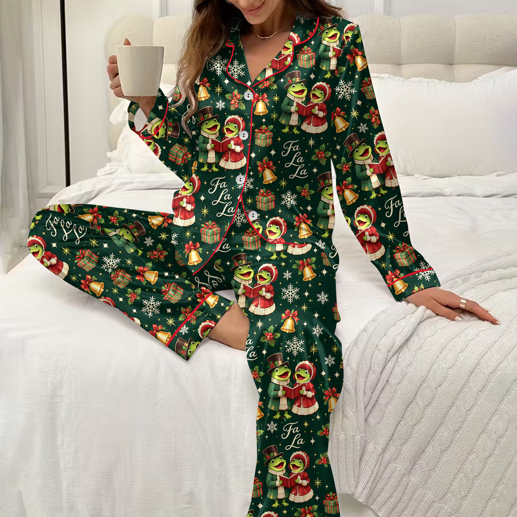 Christmas Caroling Frogs and Bells Print Long Sleeve Pajama Set