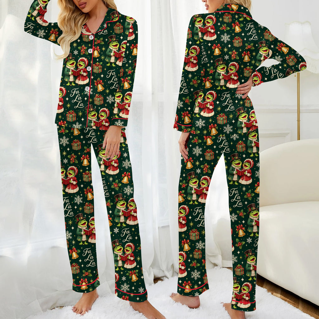 Christmas Caroling Frogs and Bells Print Long Sleeve Pajama Set