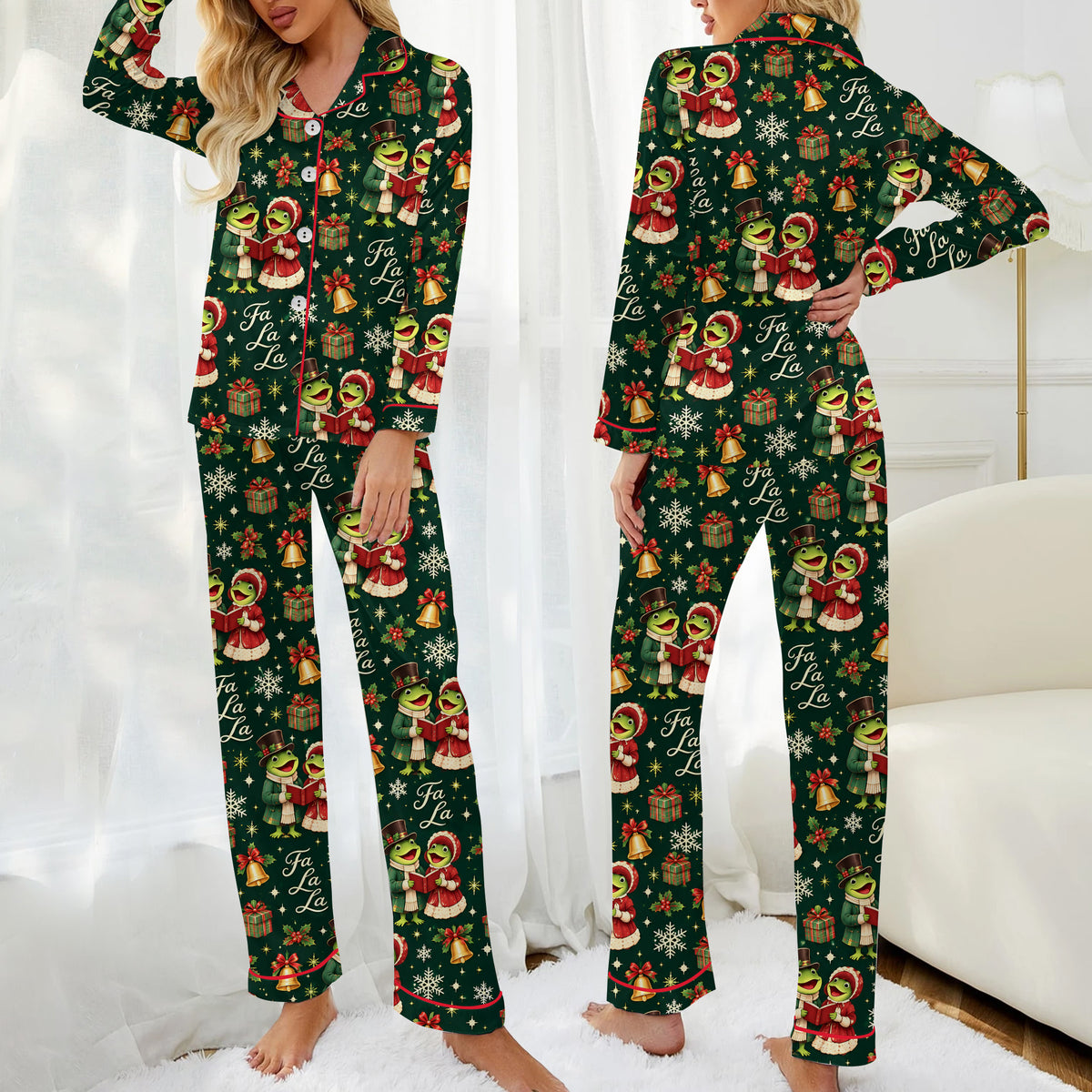 Christmas Caroling Frogs and Bells Print Long Sleeve Pajama Set