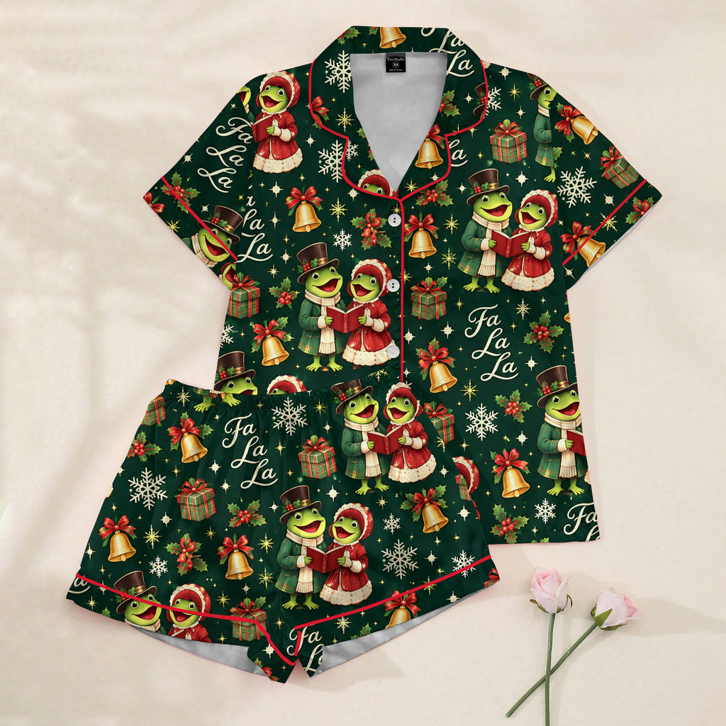 Christmas Caroling Frogs and Bells Print Short Sleeve Pajama Set