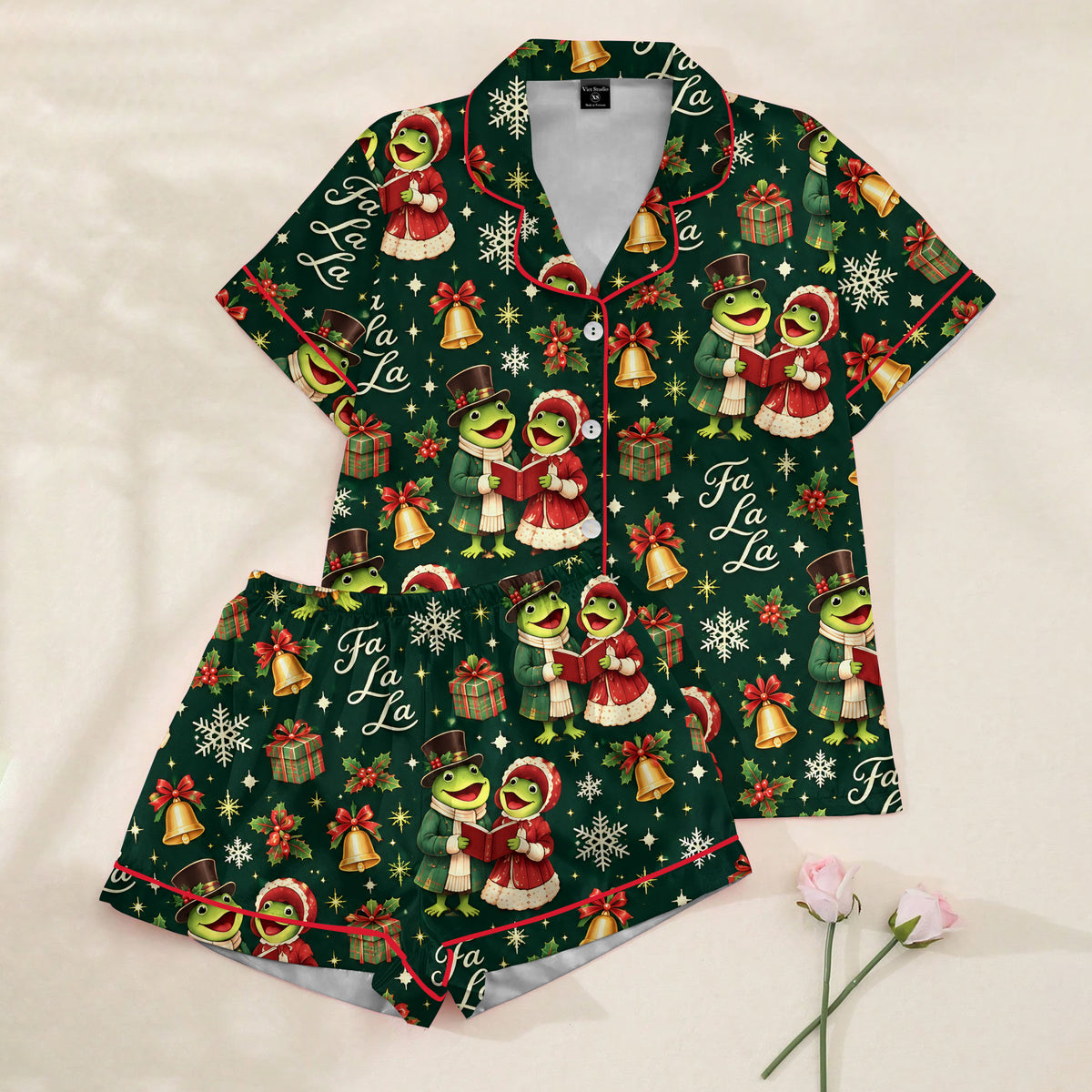 Christmas Caroling Frogs and Bells Print Short Sleeve Pajama Set