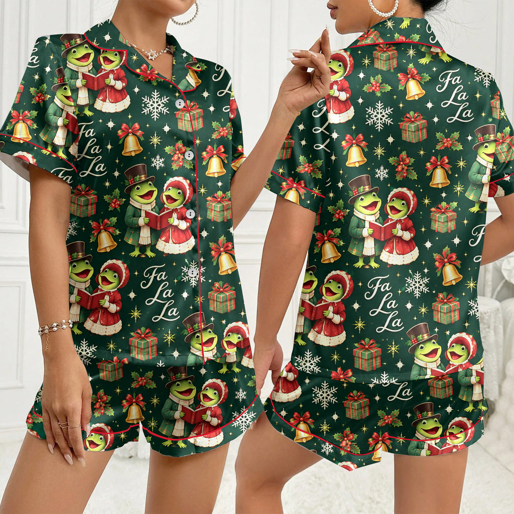 Christmas Caroling Frogs and Bells Print Short Sleeve Pajama Set