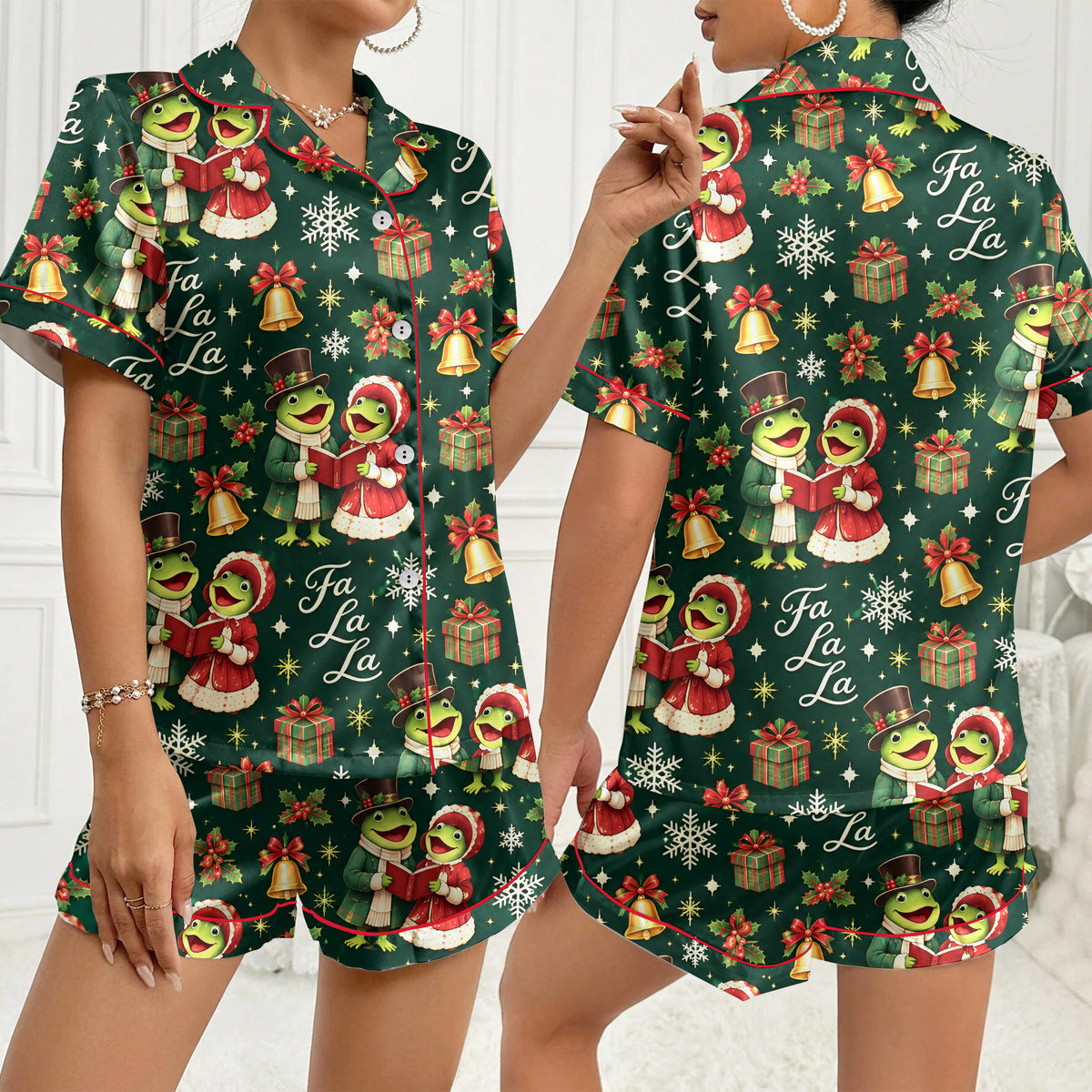 Christmas Caroling Frogs and Bells Print Short Sleeve Pajama Set