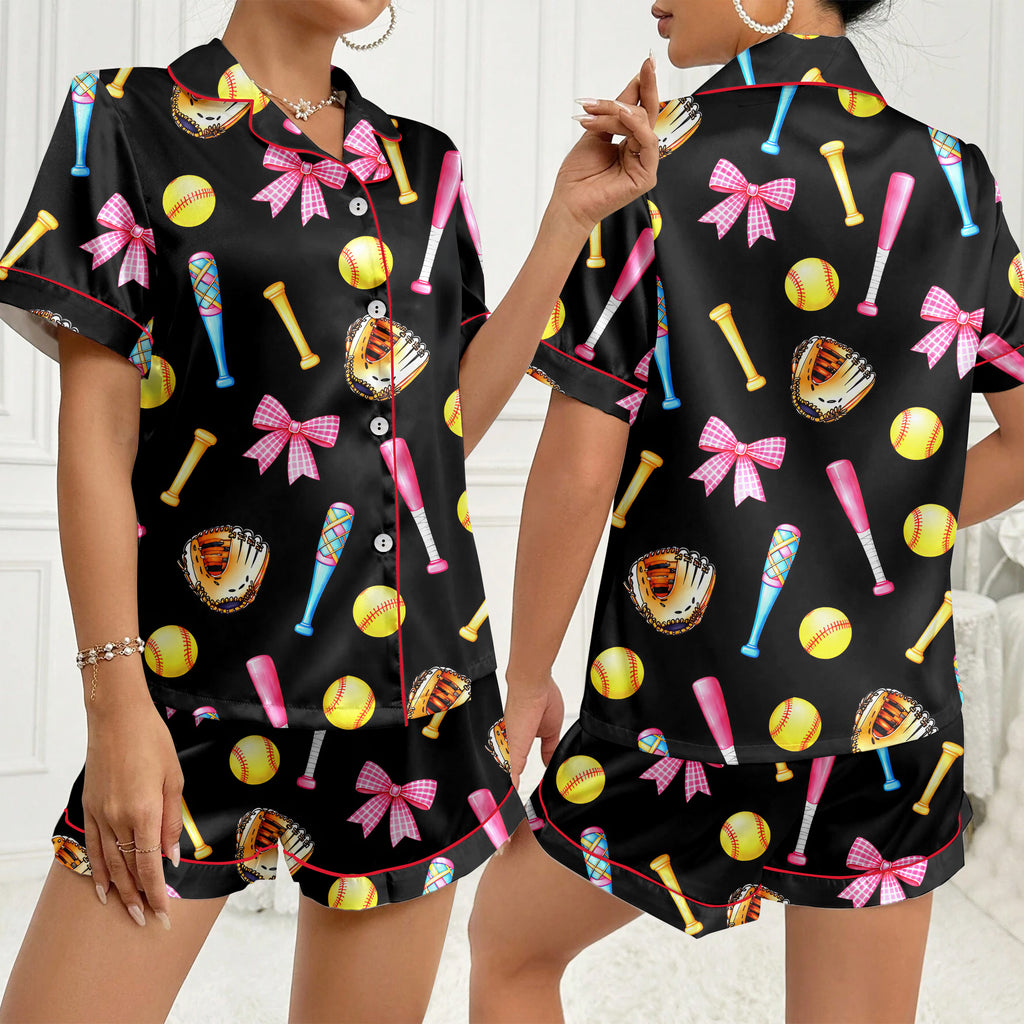 Softball Bat Glove and Bow Print Short Sleeve Pajama Set