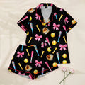Softball Bat Glove and Bow Print Short Sleeve Pajama Set