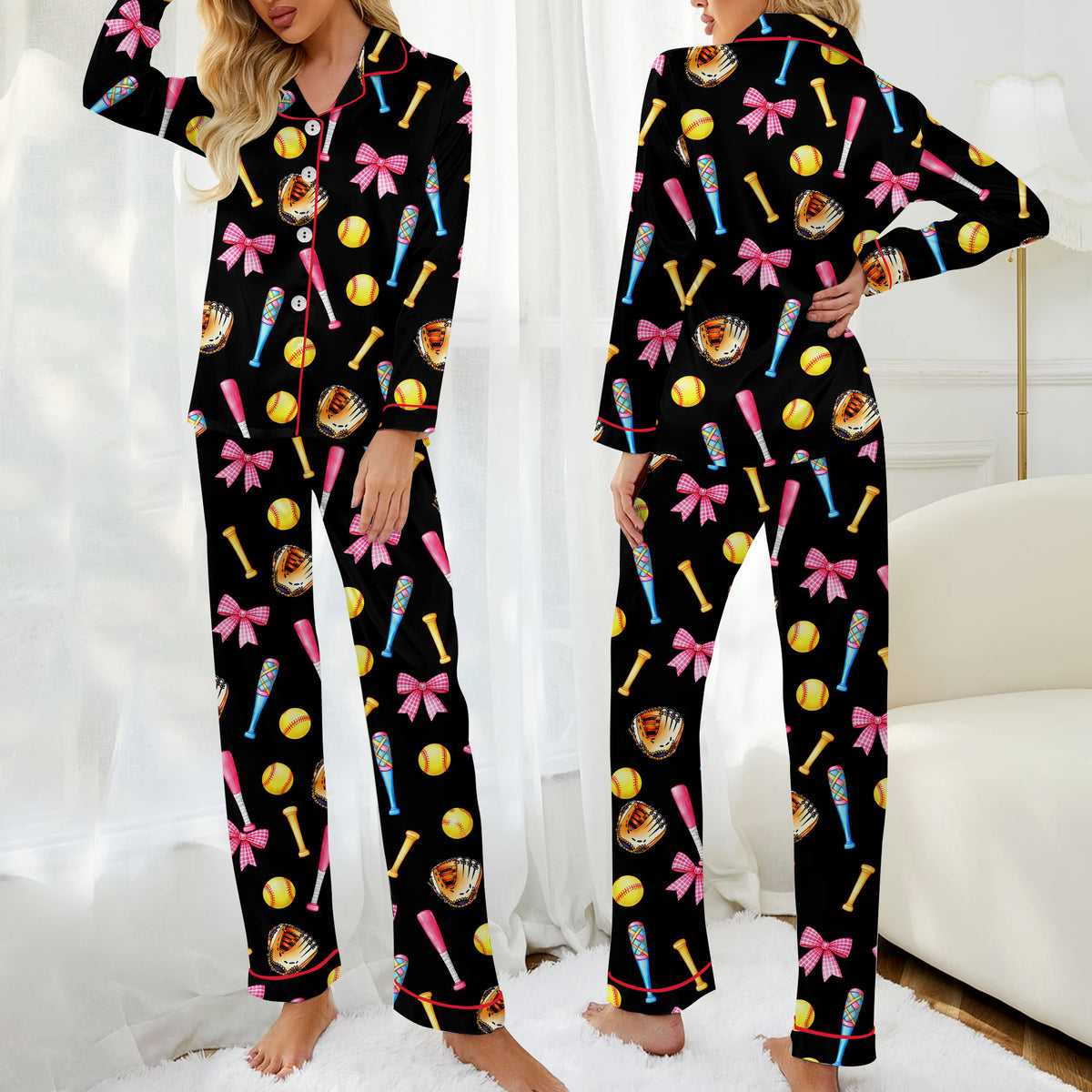 Softball Bat Glove and Bow Print Long Sleeve Pajama Set