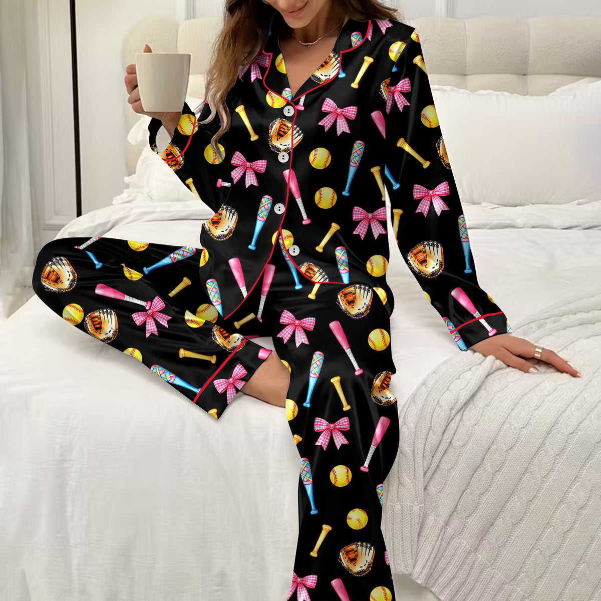Softball Bat Glove and Bow Print Long Sleeve Pajama Set