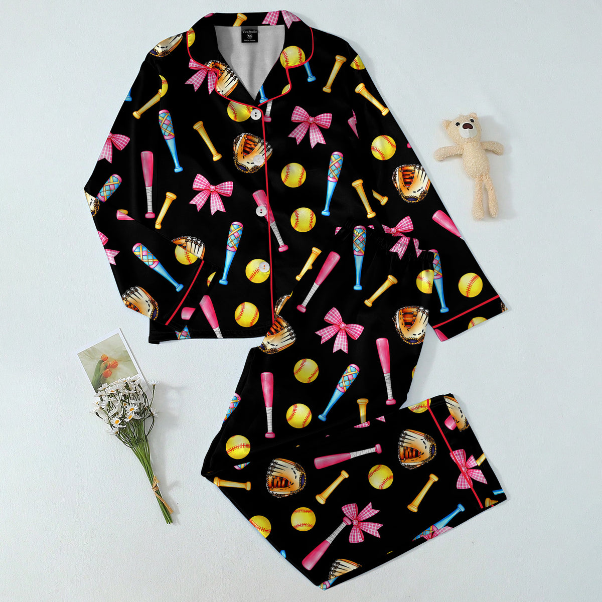 Softball Bat Glove and Bow Print Long Sleeve Pajama Set