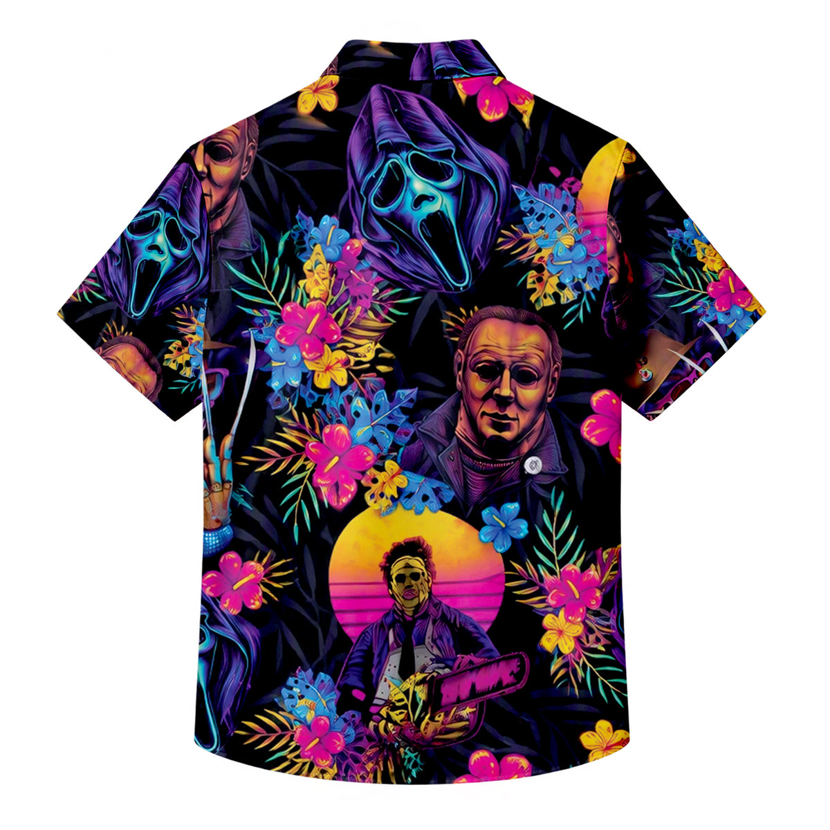 Men’s Black Neon Horror Slasher Floral Short Sleeve Button-Up Shirt