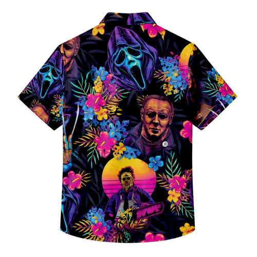 Black Neon Horror Slasher Floral Short Sleeve Button-Up Shirt