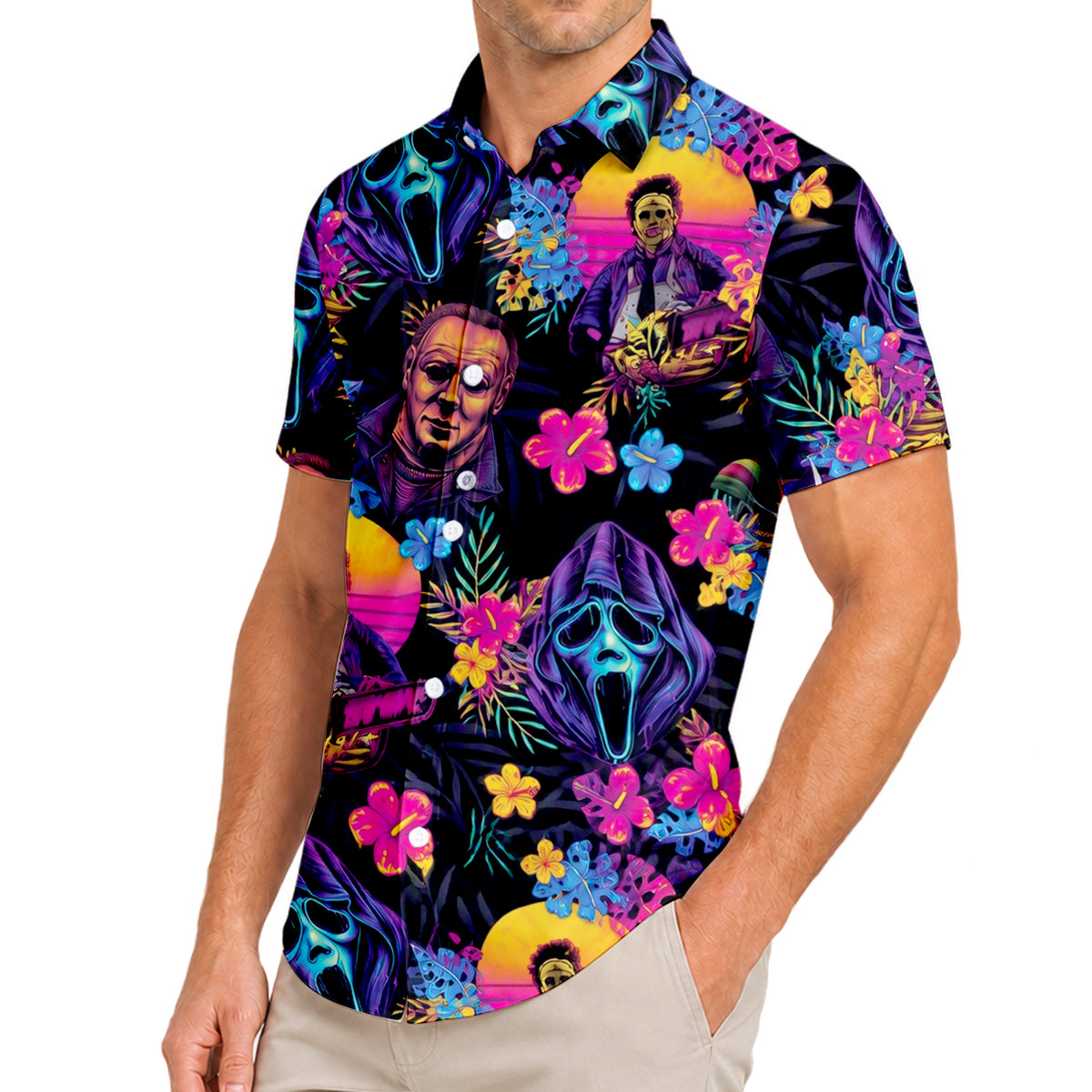 Men’s Black Neon Horror Slasher Floral Short Sleeve Button-Up Shirt