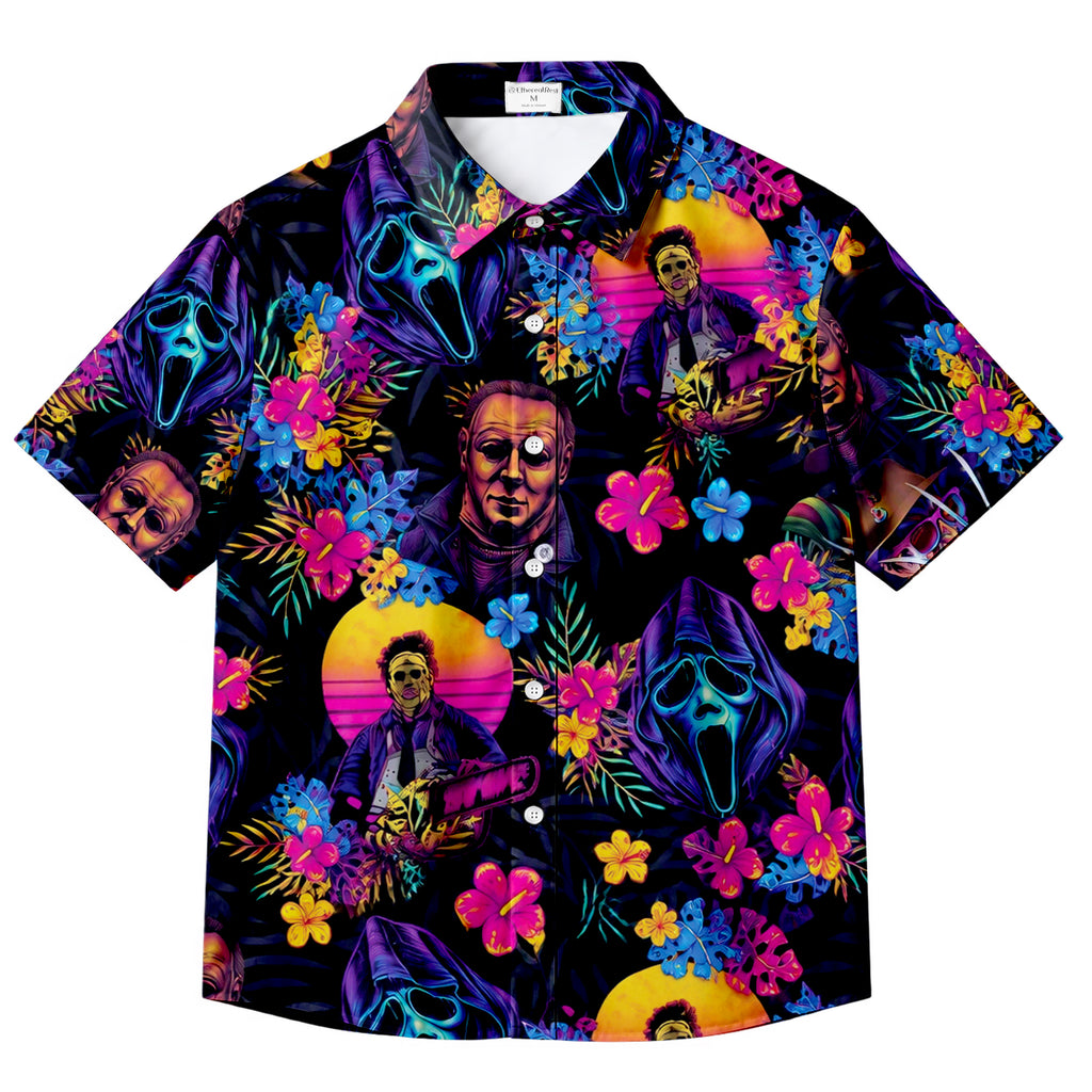 Men’s Black Neon Horror Slasher Floral Short Sleeve Button-Up Shirt