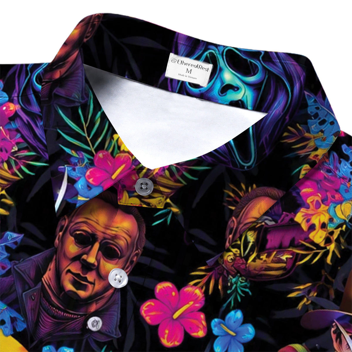 Men’s Black Neon Horror Slasher Floral Short Sleeve Button-Up Shirt
