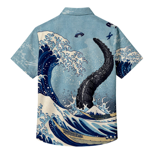 Blue Godzilla Great Wave Japanese Art Short Sleeve Button-Up Shirt