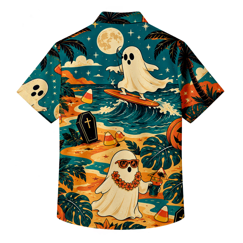 Men’s Teal Surfing Ghost Halloween Short Sleeve Button-Up Shirt