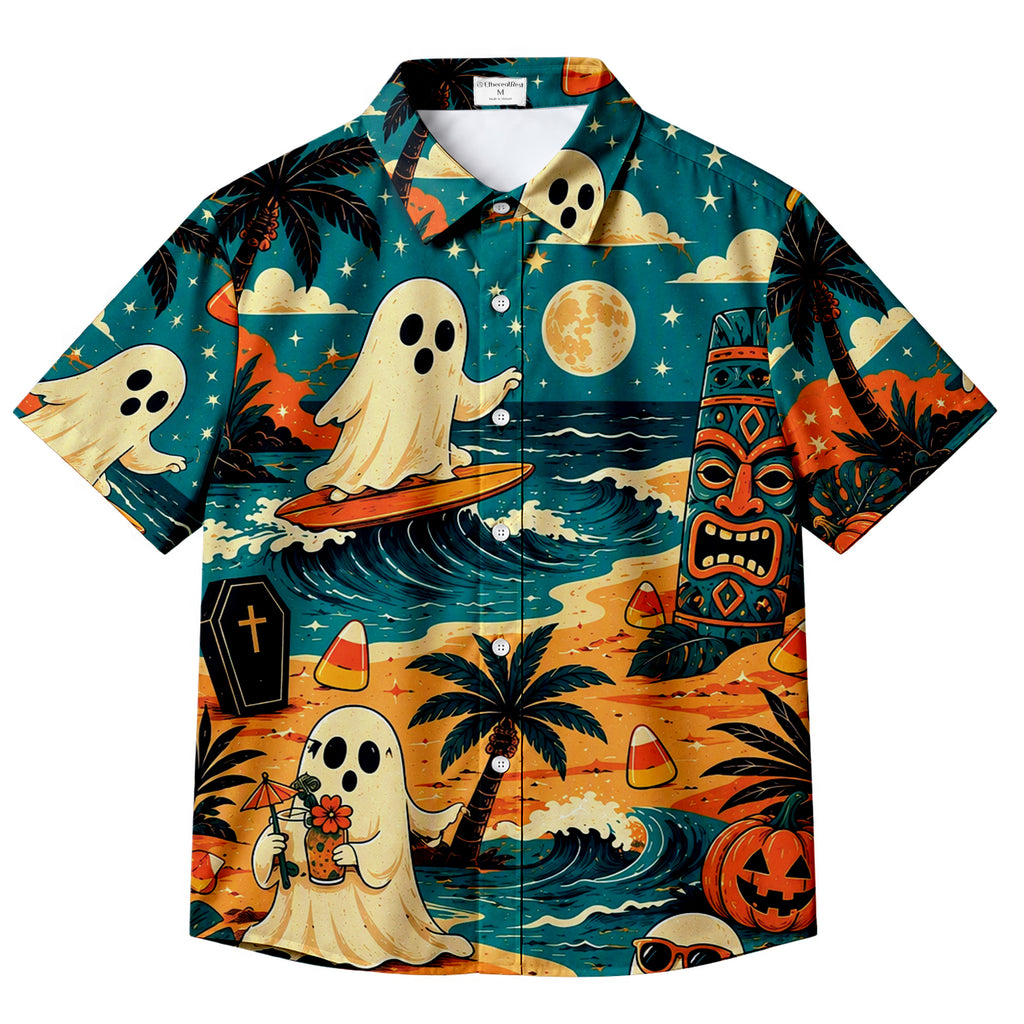 Men’s Teal Surfing Ghost Halloween Short Sleeve Button-Up Shirt