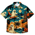 Men’s Teal Surfing Ghost Halloween Short Sleeve Button-Up Shirt