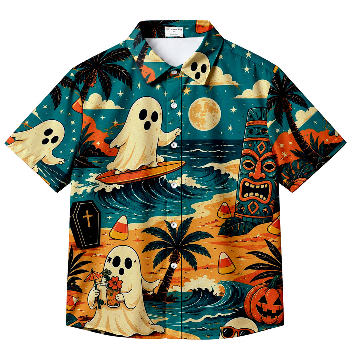 Men’s Teal Surfing Ghost Halloween Short Sleeve Button-Up Shirt