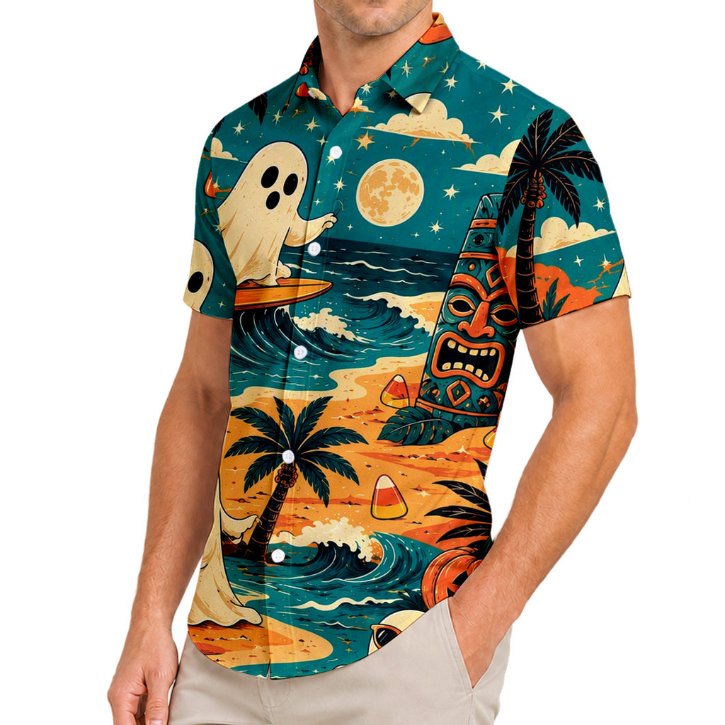 Men’s Teal Surfing Ghost Halloween Short Sleeve Button-Up Shirt