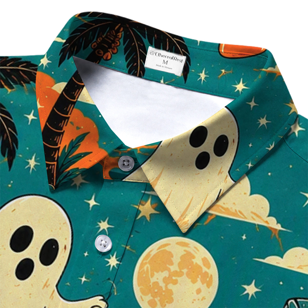 Men’s Teal Surfing Ghost Halloween Short Sleeve Button-Up Shirt