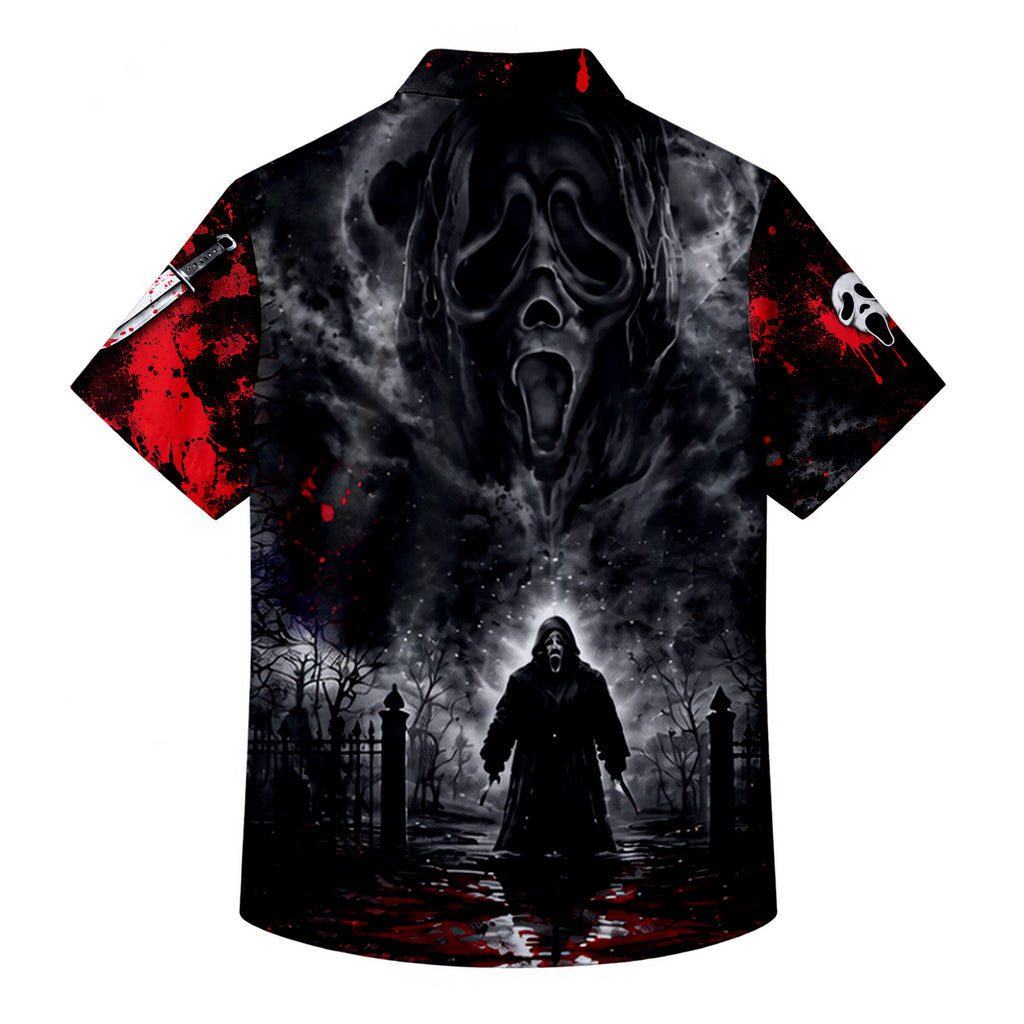 Men’s Ghostface Horror Splatter Print Short Sleeve Button-Up Shirt