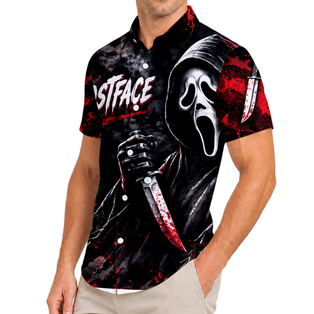 Men’s Ghostface Horror Splatter Print Short Sleeve Button-Up Shirt
