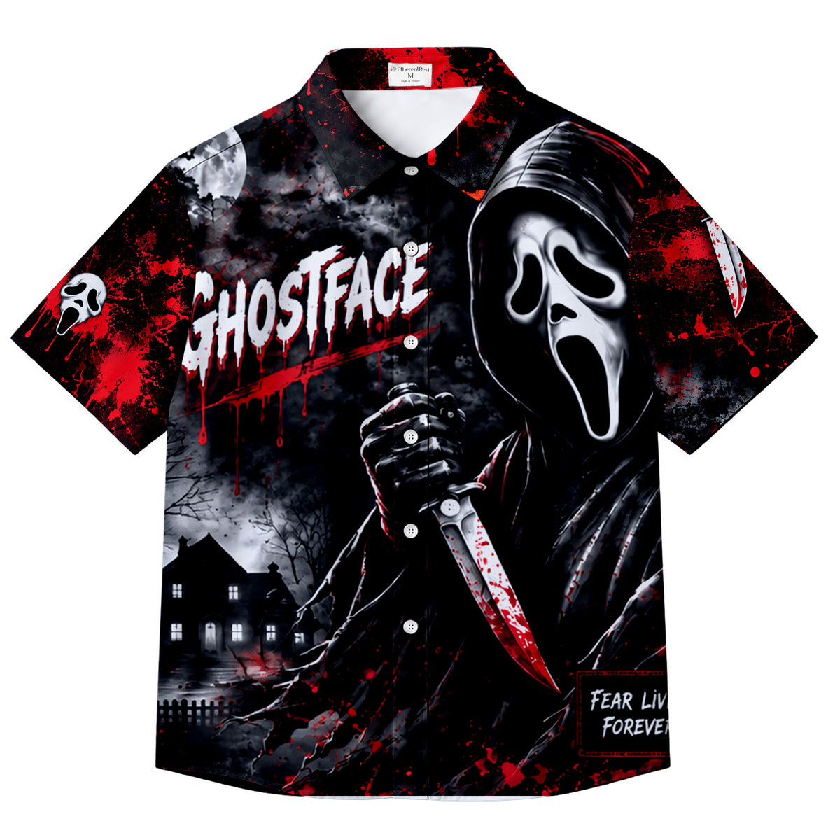 Men’s Ghostface Horror Splatter Print Short Sleeve Button-Up Shirt