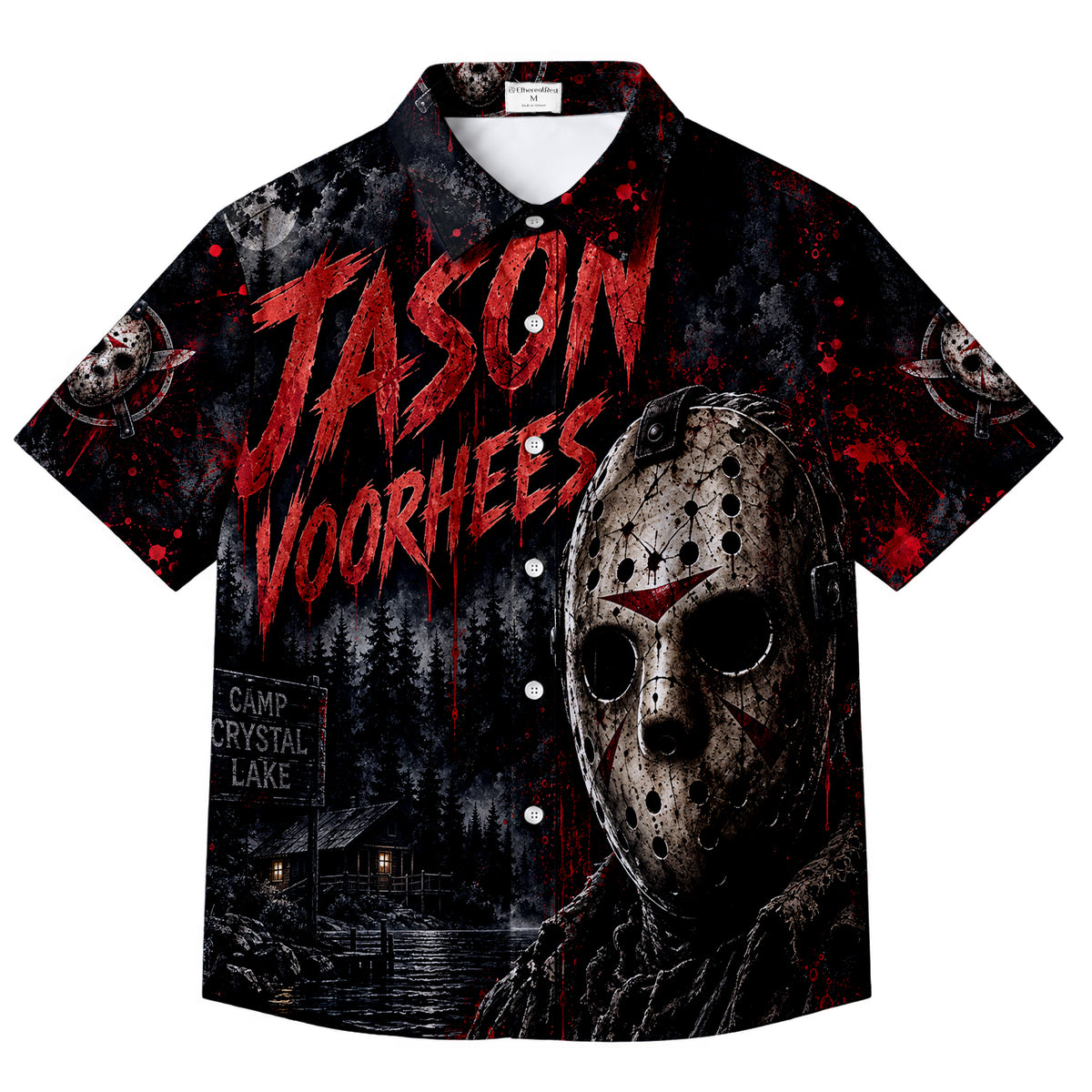 Men’s Jason Voorhees Camp Crystal Lake Horror Print Short Sleeve Button-Up Shirt