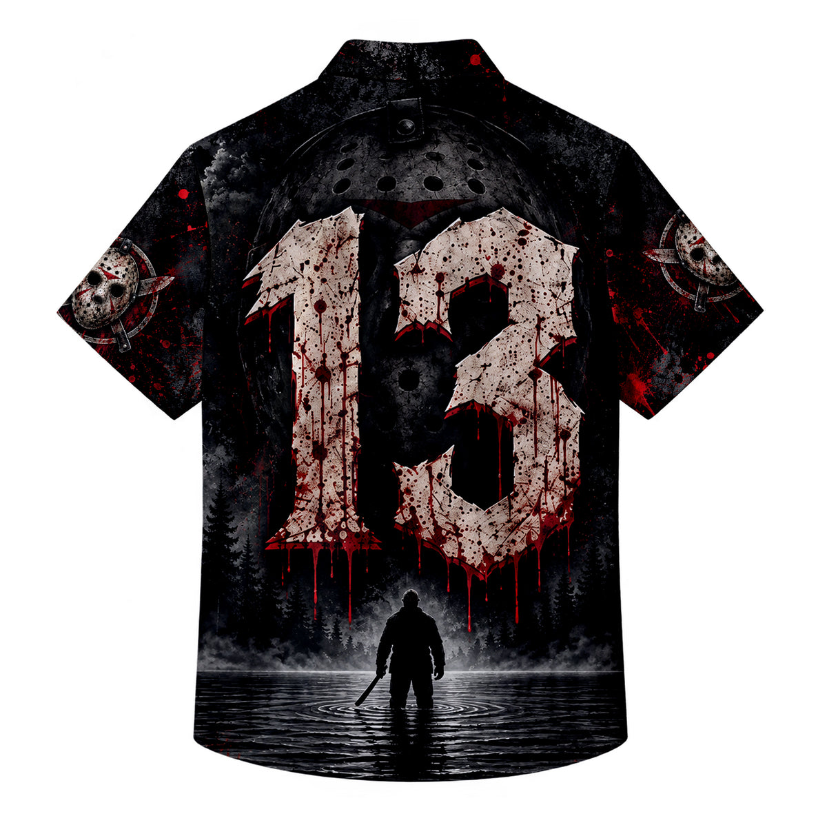 Men’s Jason Voorhees Camp Crystal Lake Horror Print Short Sleeve Button-Up Shirt