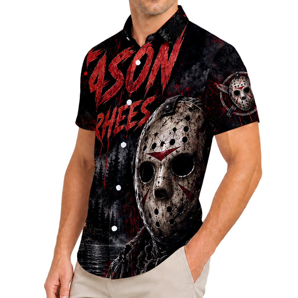 Men’s Jason Voorhees Camp Crystal Lake Horror Print Short Sleeve Button-Up Shirt