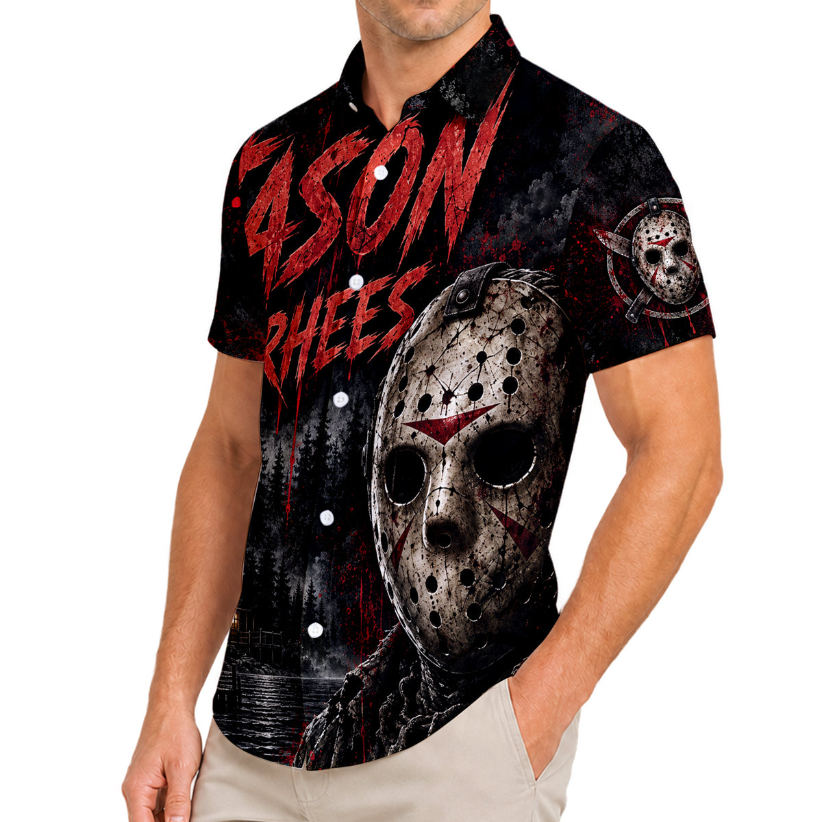 Men’s Jason Voorhees Camp Crystal Lake Horror Print Short Sleeve Button-Up Shirt