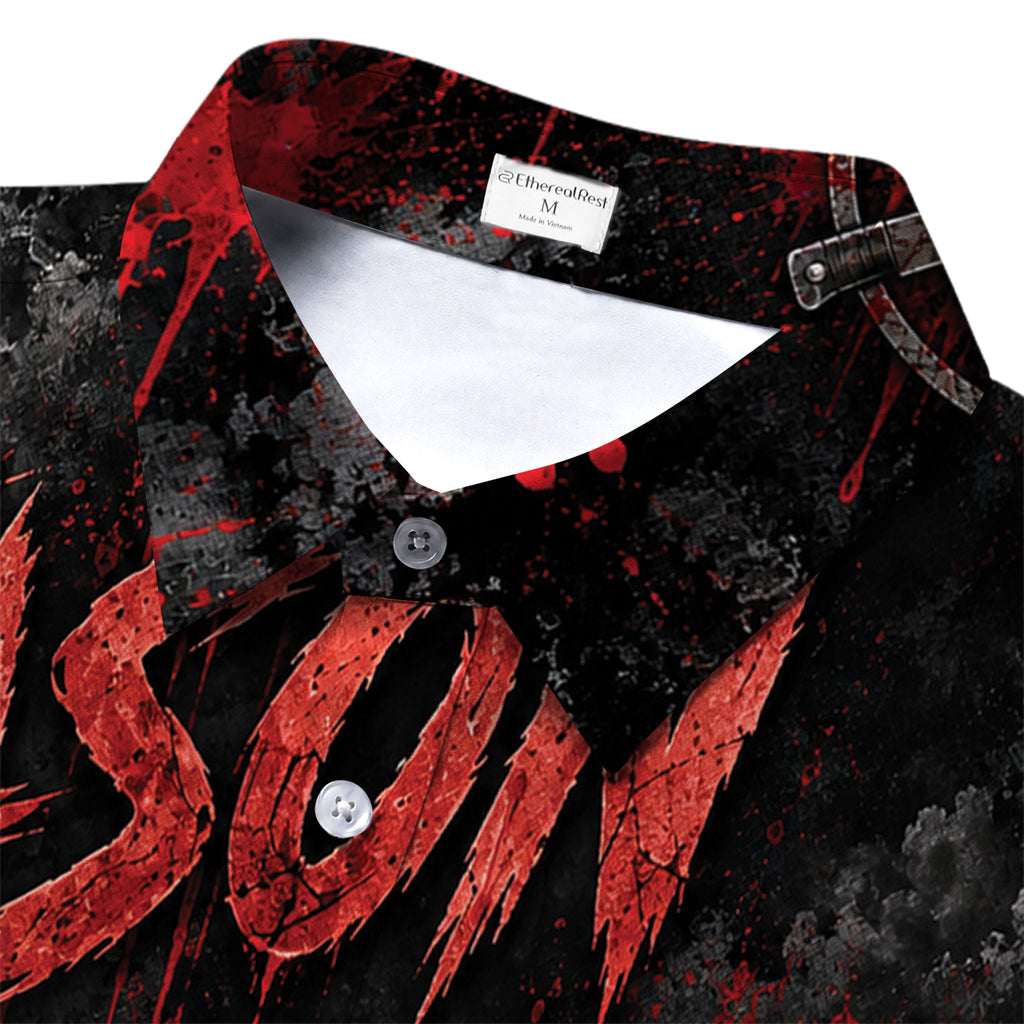 Men’s Jason Voorhees Camp Crystal Lake Horror Print Short Sleeve Button-Up Shirt