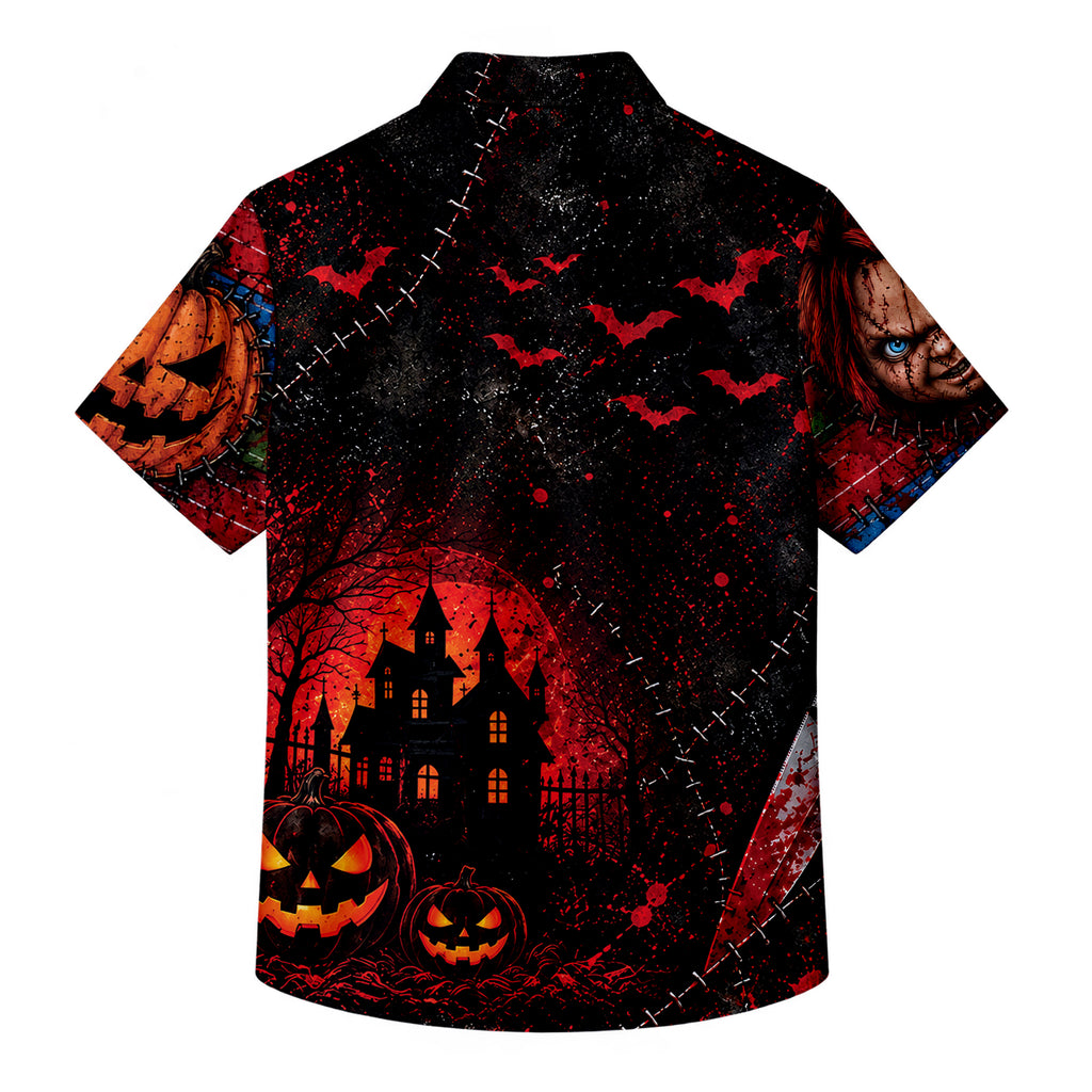 Men’s Chucky Halloween Horror Splatter Print Short Sleeve Button-Up Shirt