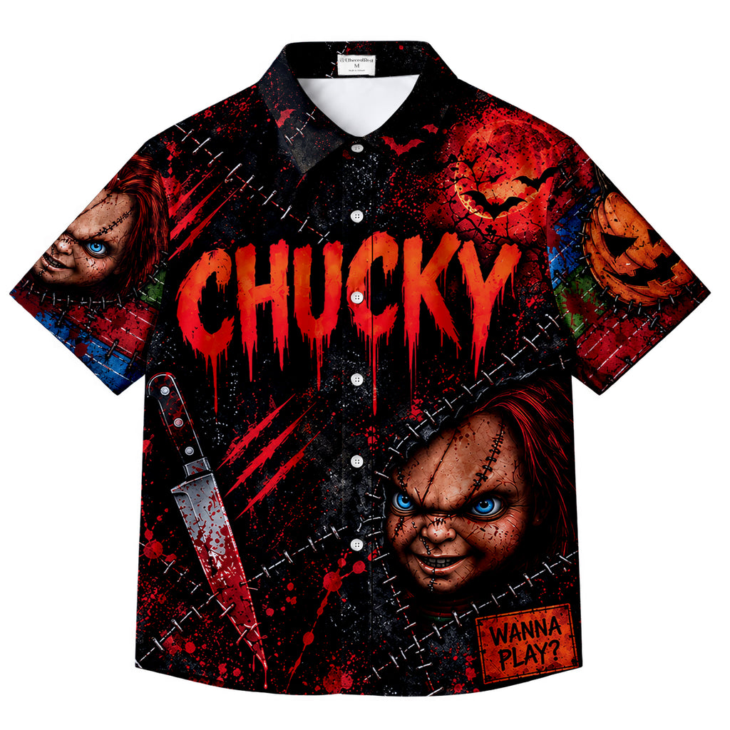 Men’s Chucky Halloween Horror Splatter Print Short Sleeve Button-Up Shirt