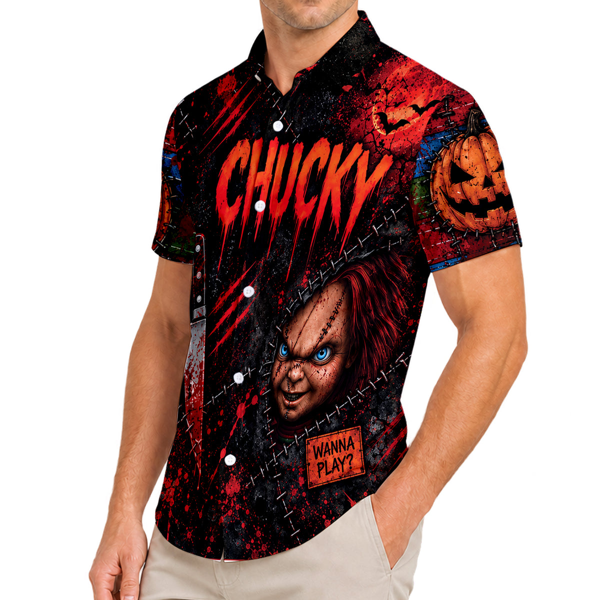 Men’s Chucky Halloween Horror Splatter Print Short Sleeve Button-Up Shirt
