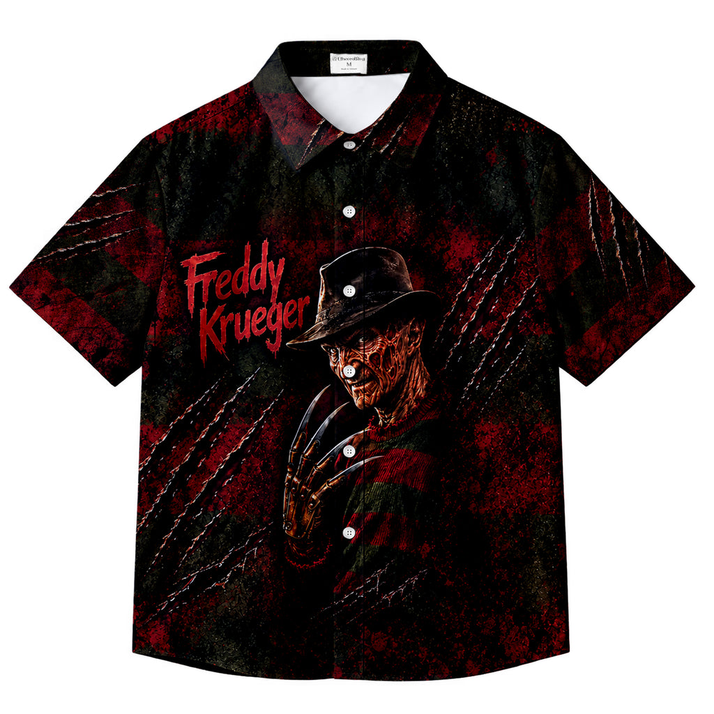 Black Freddy Krueger Horror Short Sleeve Button-Up Shirt
